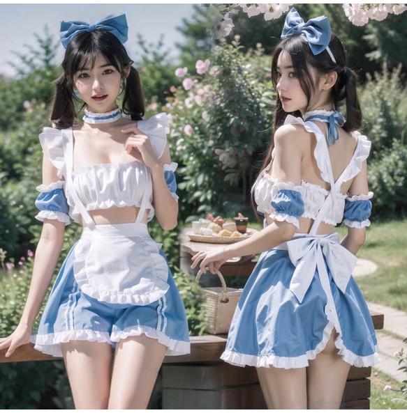 FEE ET MOI - Ruched Sweetheart Maid Outfit With Stockings (Blue - White)